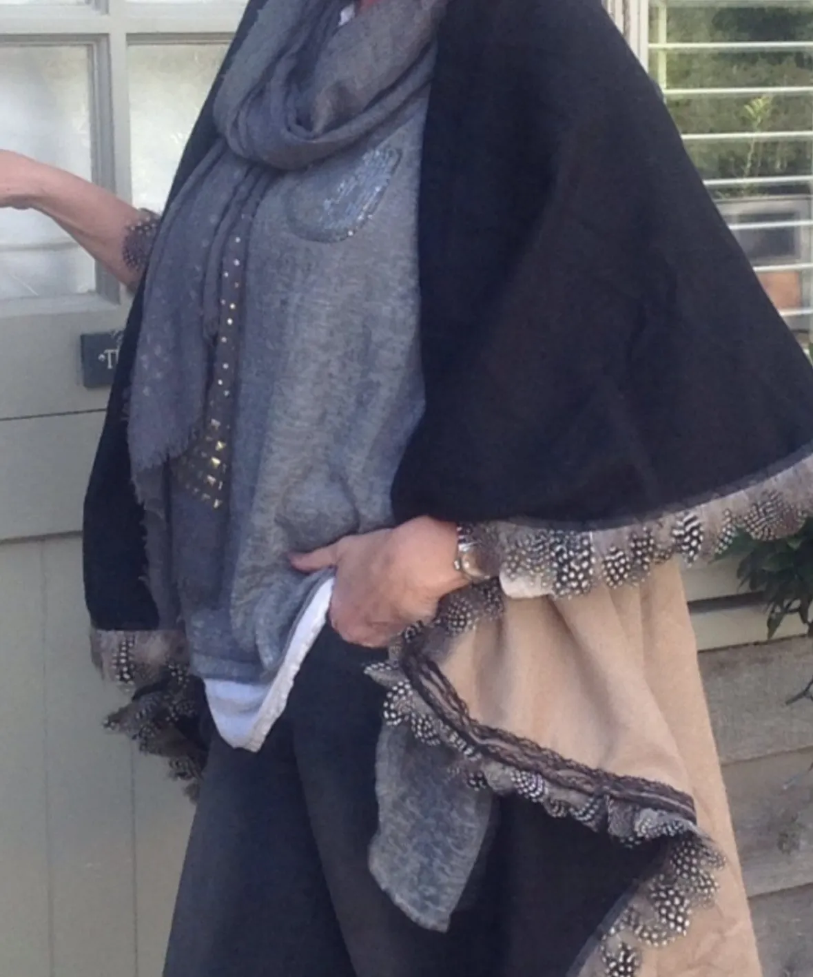 Cashmere Reversible Wrap with Feather Trim in Caramel & Black