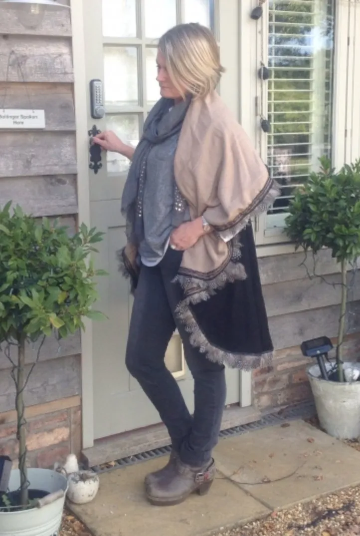 Cashmere Reversible Wrap with Feather Trim in Caramel & Black