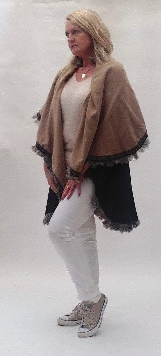 Cashmere Reversible Wrap with Feather Trim in Caramel & Black