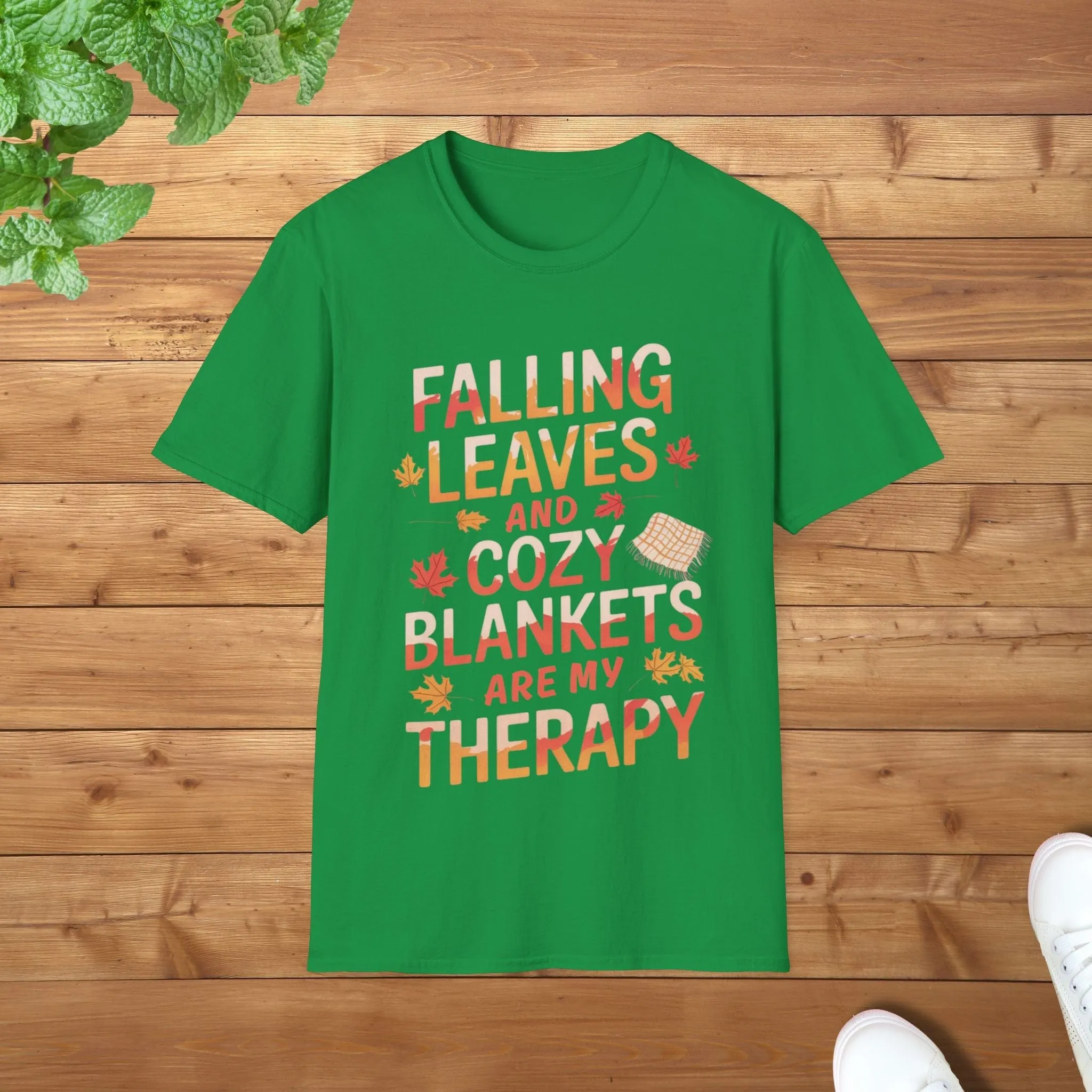 Falling Leaves & Cozy Blankets Are My Therapy Comfort Edition Softstyle Unisex Adult T-Shirt - Perfect Fall Vibes Tee