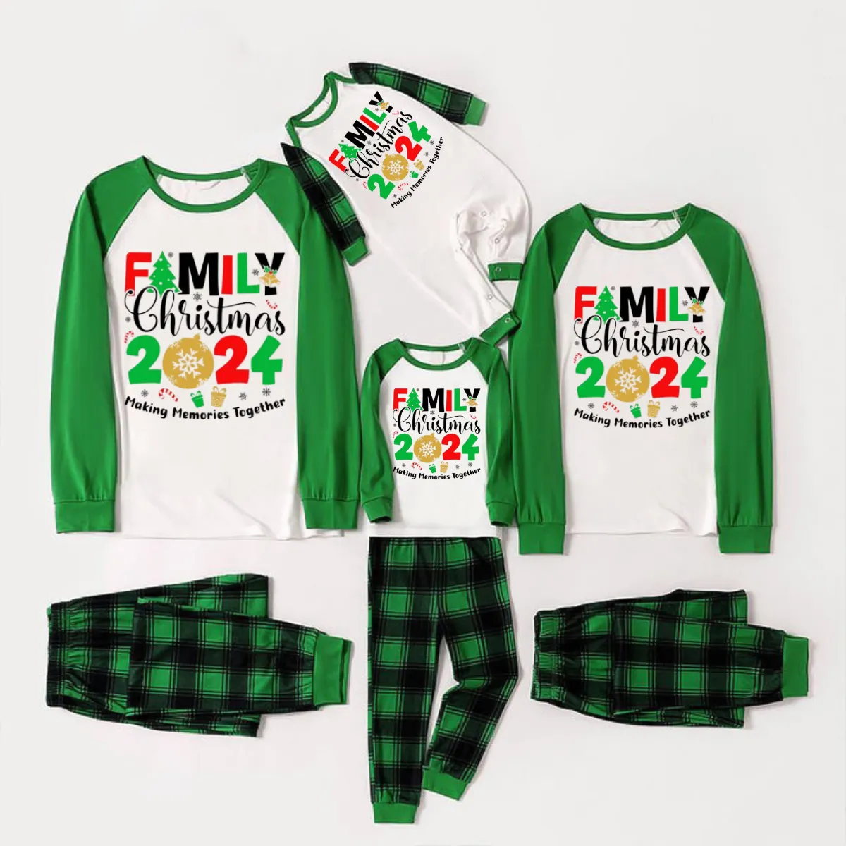 Family Memories Together Christmas 2024 Print Long Sleeve Top With Green & Black Plaid Christmas Family Matching Pajamas