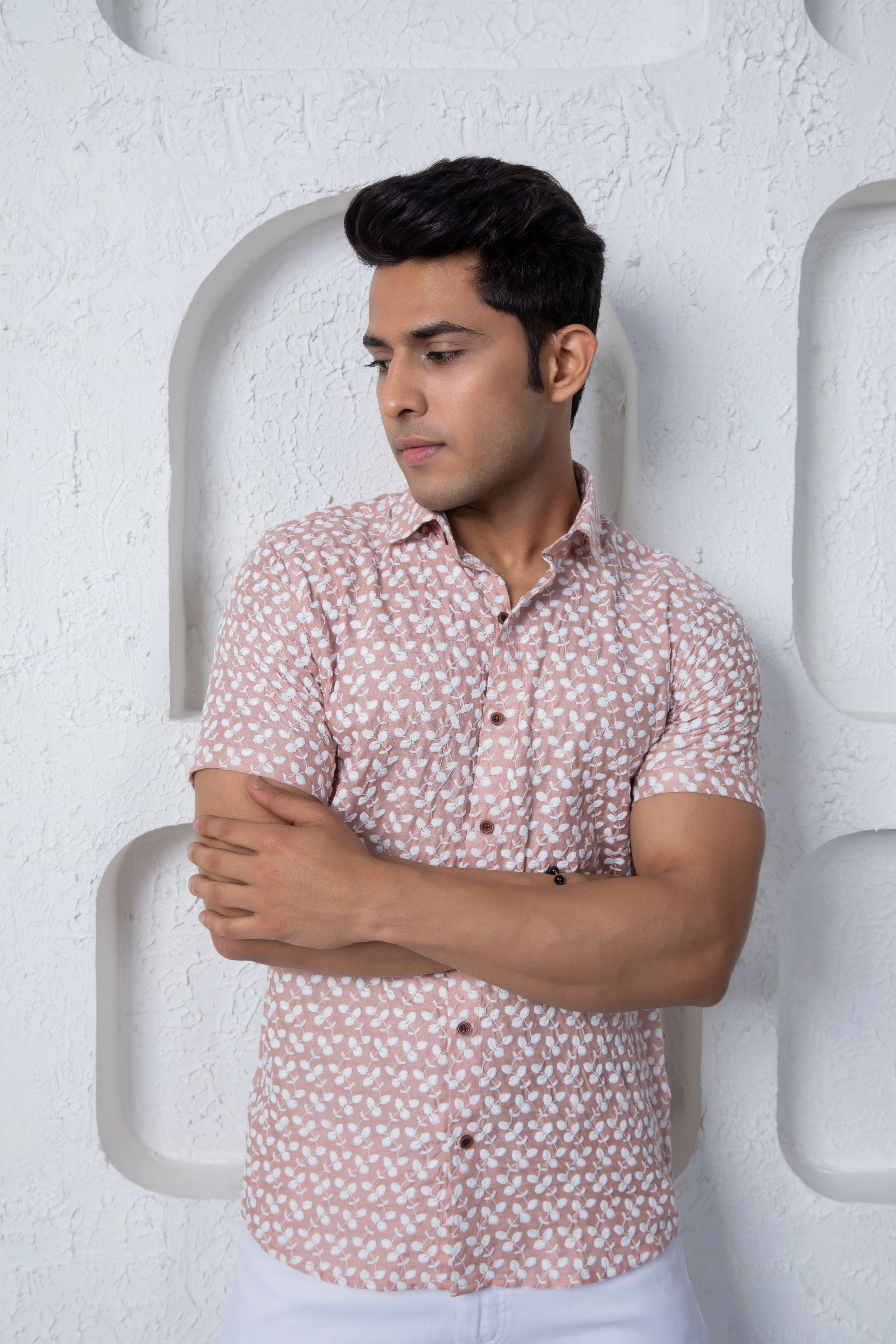 Firangi Yarn Super Soft Half Sleeves Chikankari schiffli Embroided Men's Shirt Pastel Wine Tone