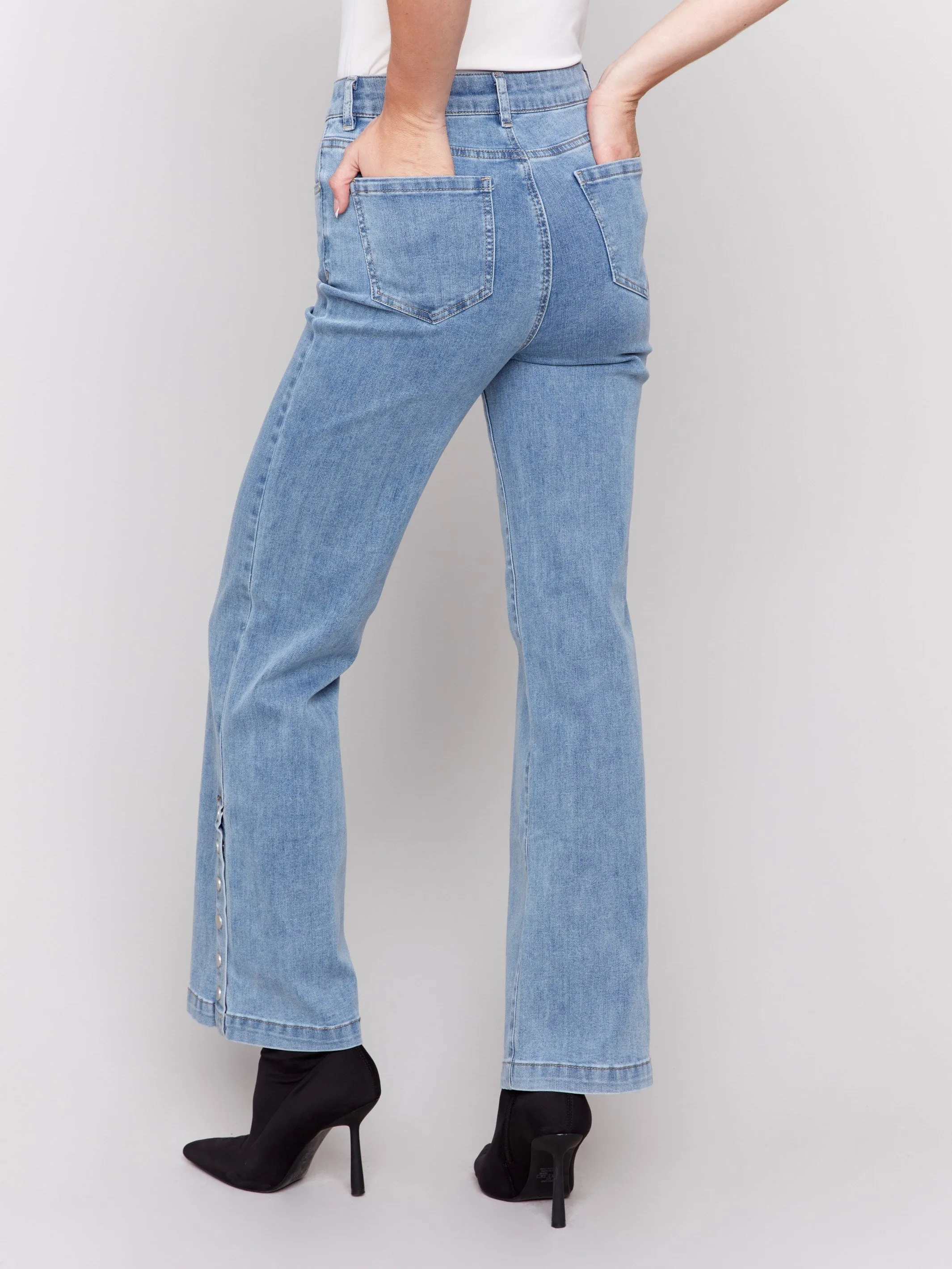 Flare Jeans With Side Buttons - Light Blue