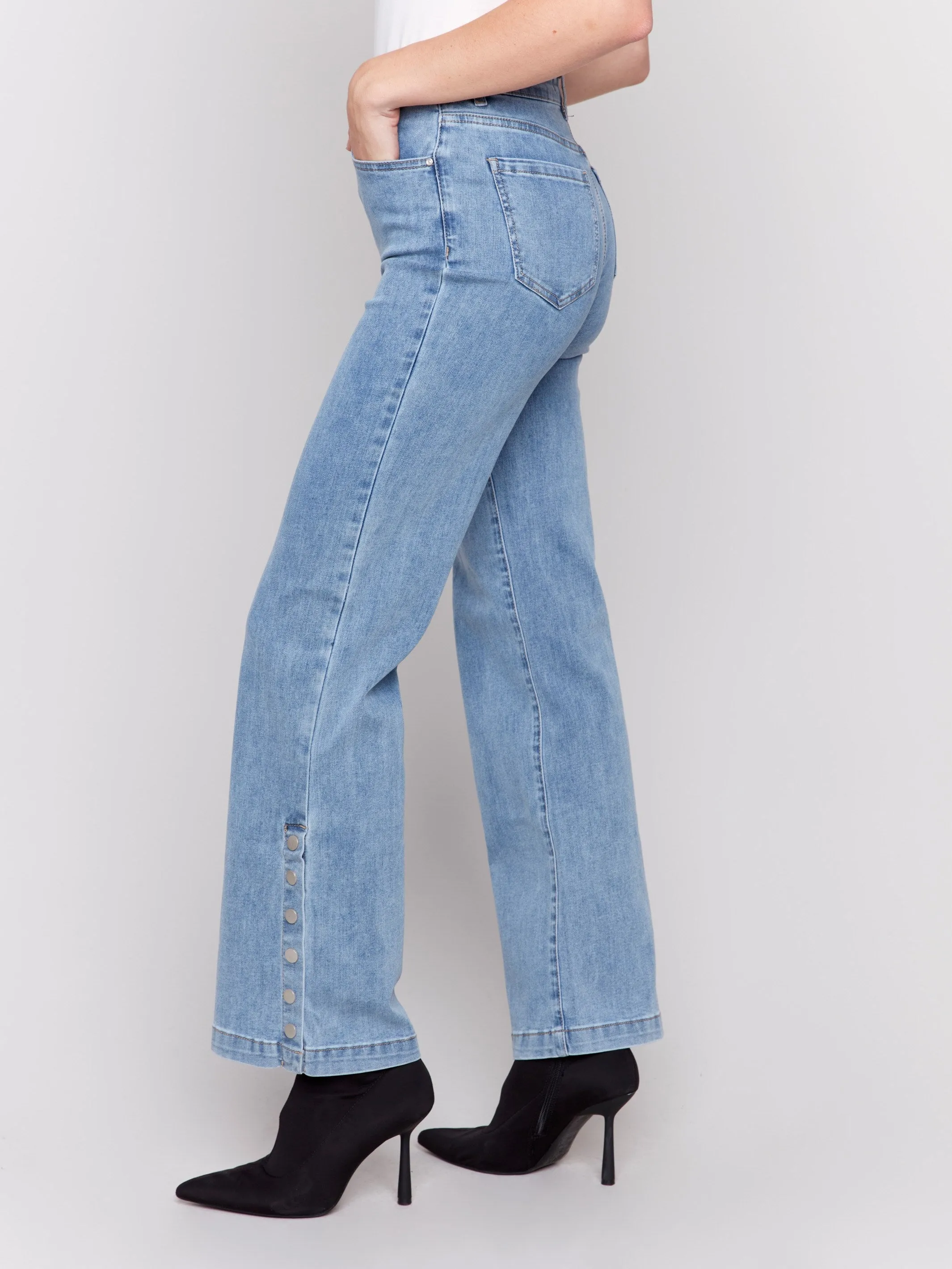 Flare Jeans With Side Buttons - Light Blue