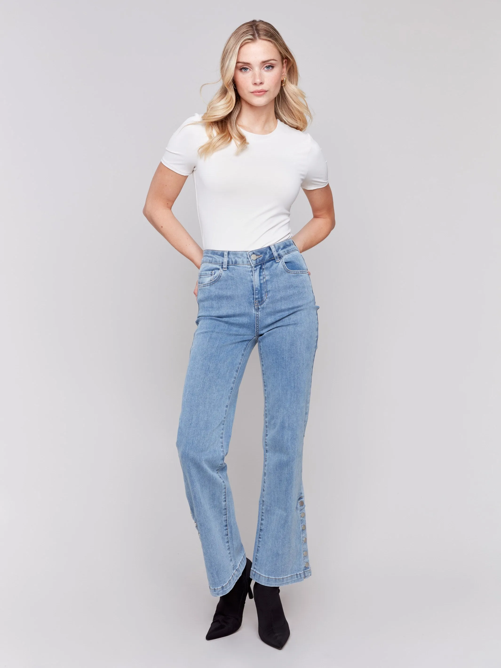 Flare Jeans With Side Buttons - Light Blue