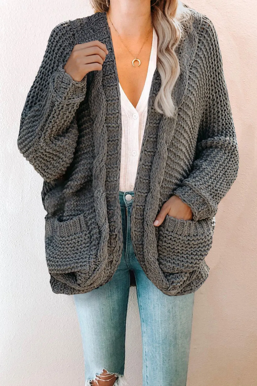 Grey Chunky Knit Pocketed Cardigan