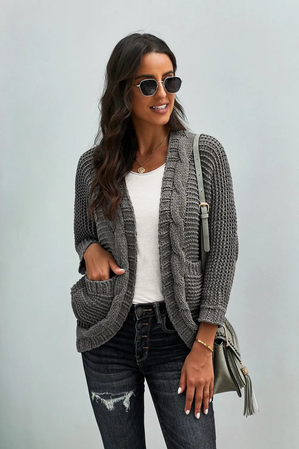 Grey Chunky Knit Pocketed Cardigan