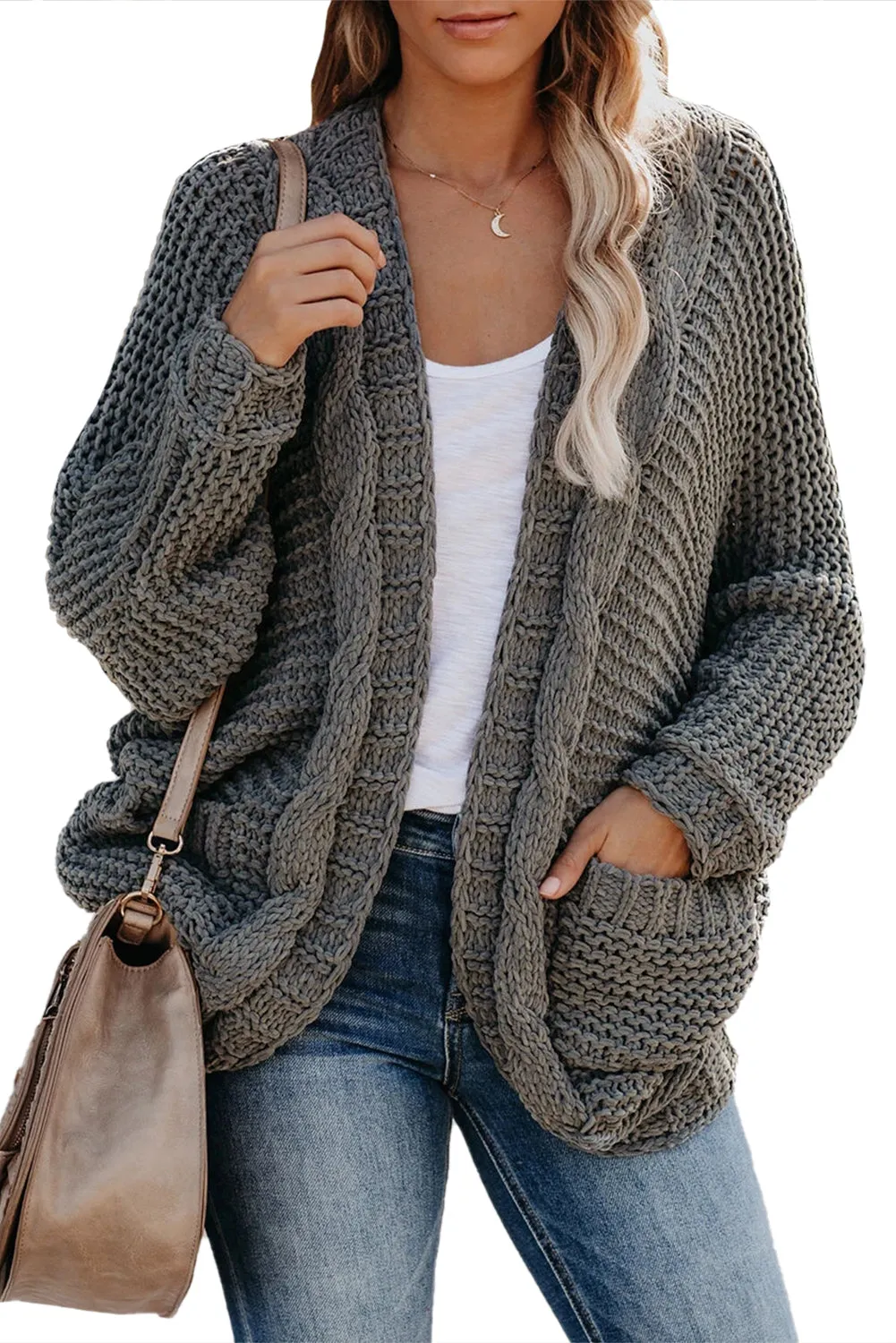 Grey Chunky Knit Pocketed Cardigan