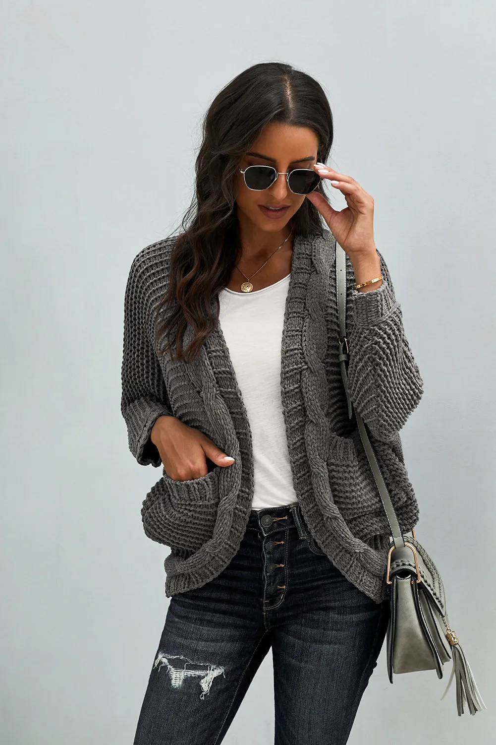 Grey Chunky Knit Pocketed Cardigan