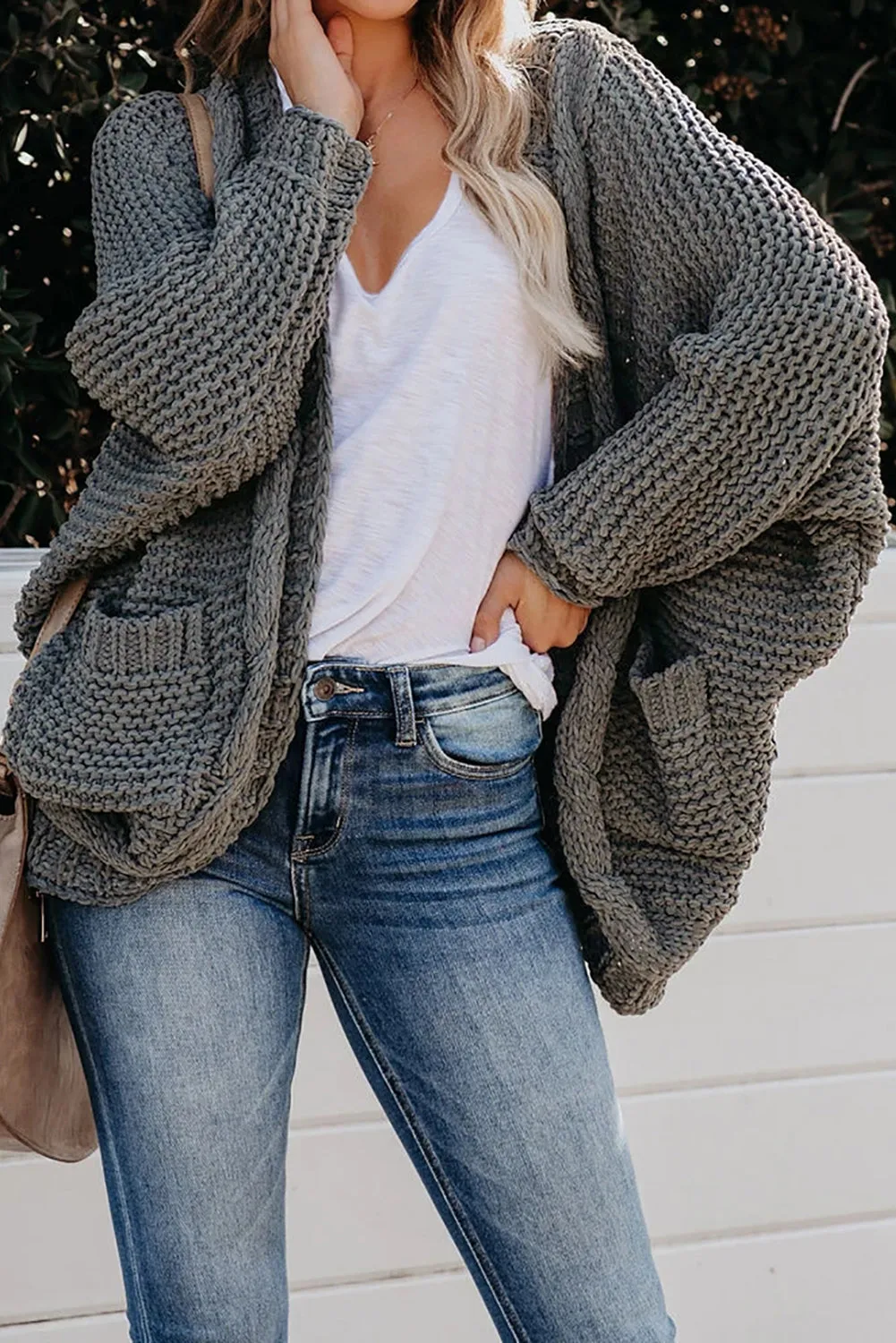 Grey Chunky Knit Pocketed Cardigan
