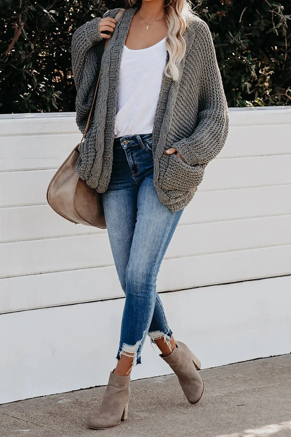 Grey Chunky Knit Pocketed Cardigan