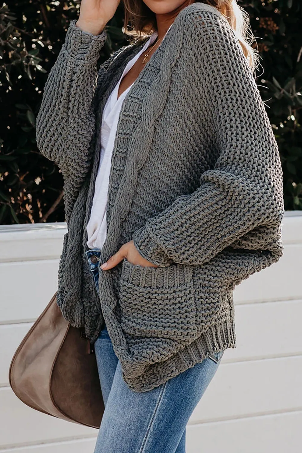 Grey Chunky Knit Pocketed Cardigan