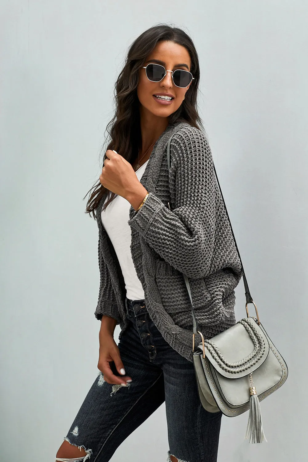 Grey Chunky Knit Pocketed Cardigan