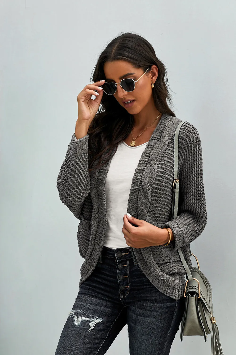 Grey Chunky Knit Pocketed Cardigan