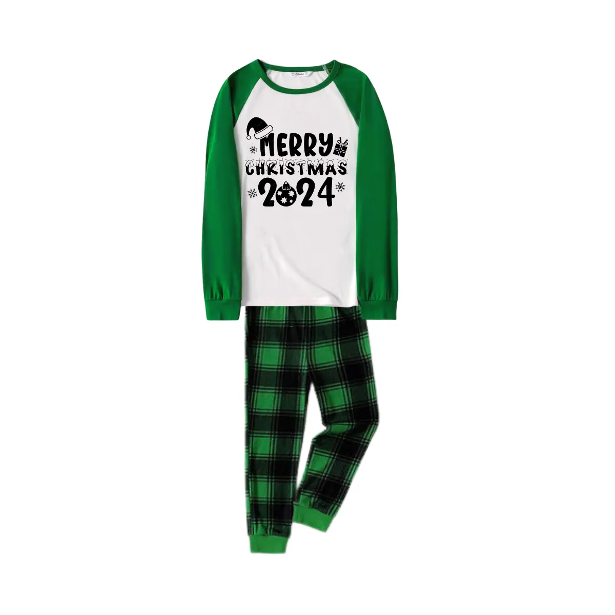 Merry Christmas 2024 Text Print Long Sleeve Top With Green & Black Plaid Christmas Matching Pajamas