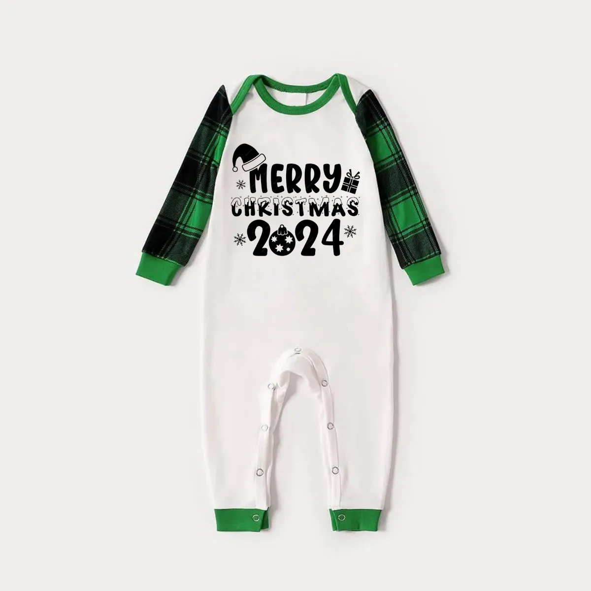 Merry Christmas 2024 Text Print Long Sleeve Top With Green & Black Plaid Christmas Matching Pajamas