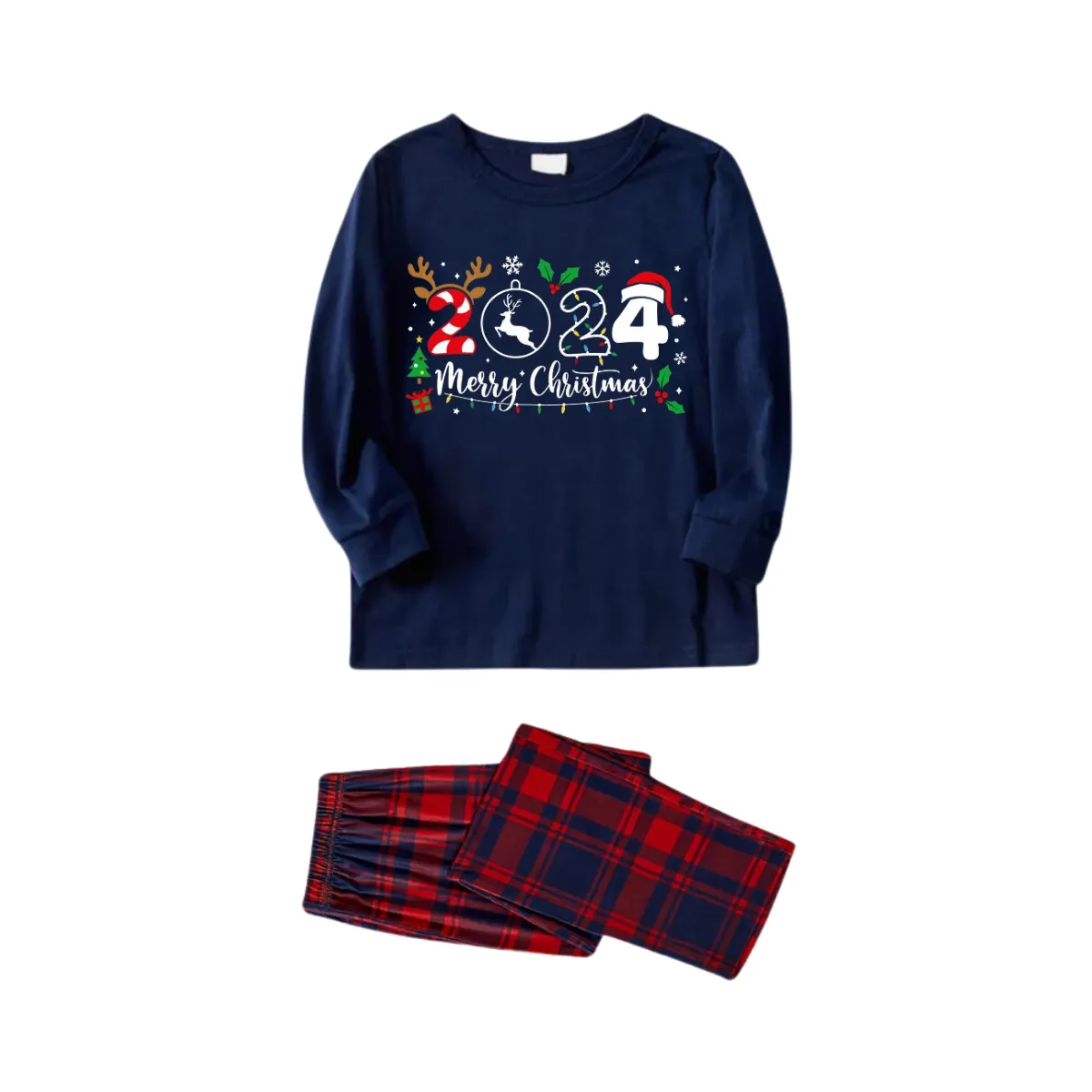 "Merry Christmas 2024" Text Prints Blue Long Sleeves Top with Red and Blue Plaid Pants Christmas Matching Pajamas