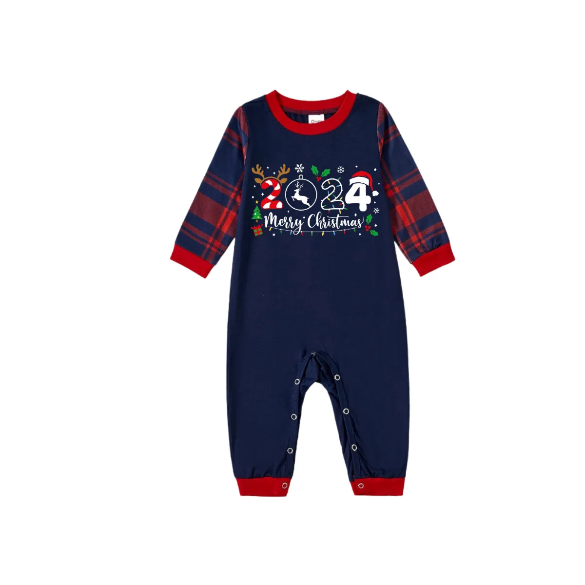 "Merry Christmas 2024" Text Prints Blue Long Sleeves Top with Red and Blue Plaid Pants Christmas Matching Pajamas
