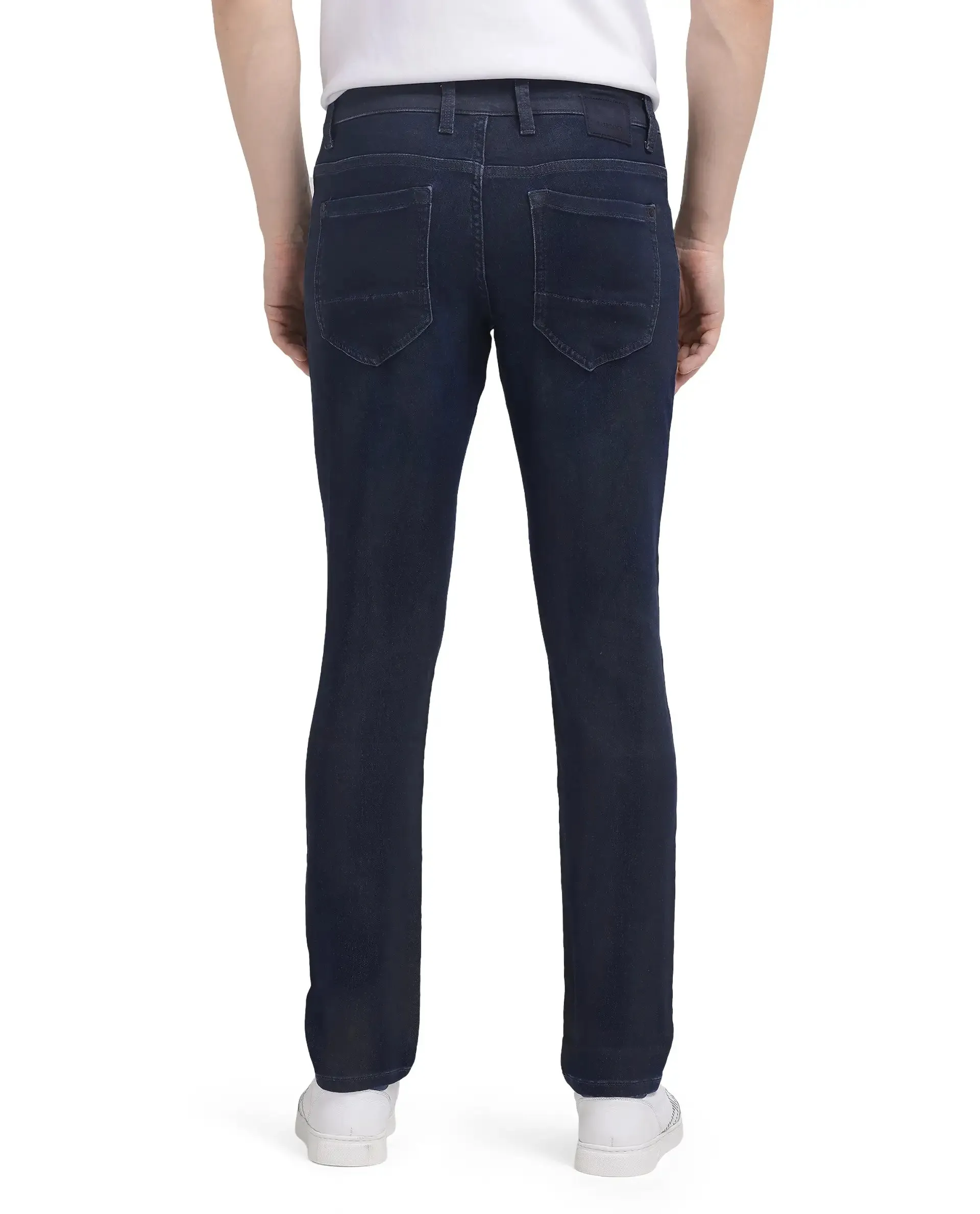 Rare Rabbit Men Burd Blue Cotton Polyester Fabric Slim Fit Dark Wash Plain Denim Pant