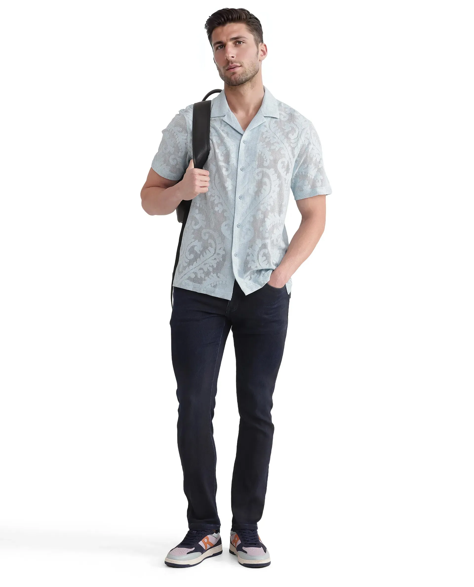 Rare Rabbit Men Burd Blue Cotton Polyester Fabric Slim Fit Dark Wash Plain Denim Pant