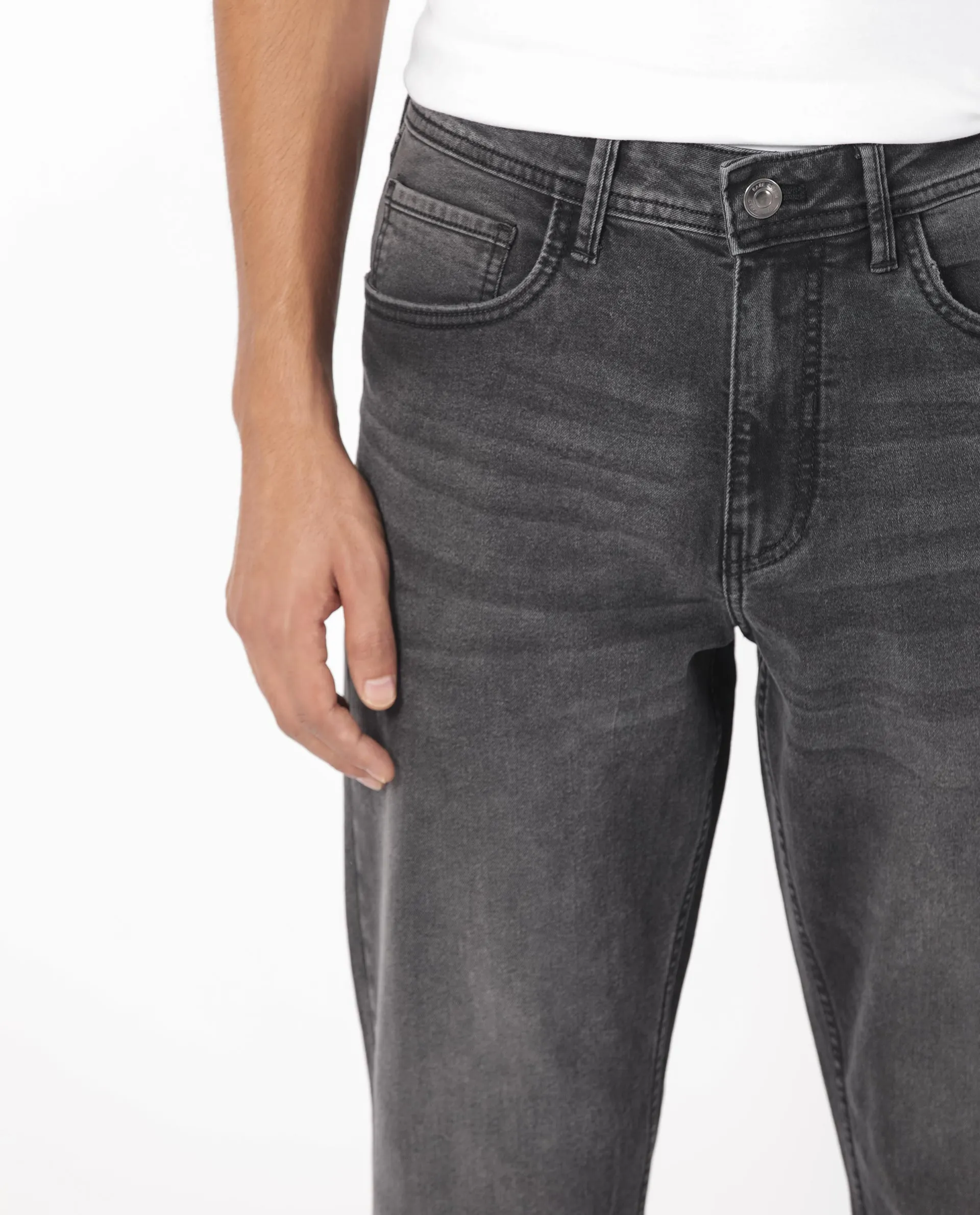 Rare Rabbit Men's Klune Black Mid Wash Mid-Rise Regular Fit Jeans
