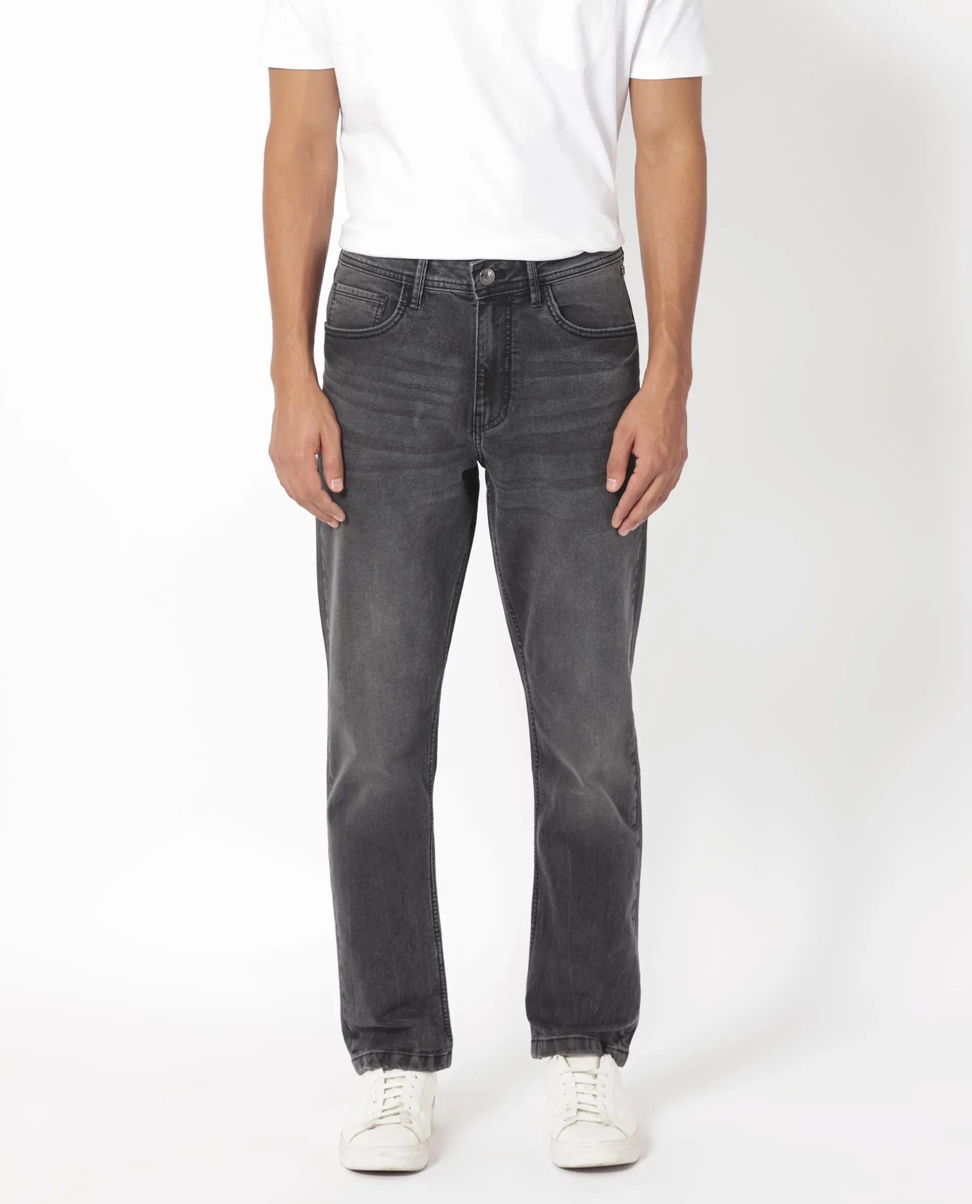 Rare Rabbit Men's Klune Black Mid Wash Mid-Rise Regular Fit Jeans