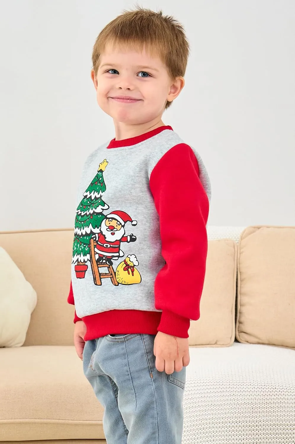 RETSUGO Toddler Boys Christmas Sweatshirts Kids Ugly Sweaters Reindeer Long Sleeve Xmas Fleece Pullover Tops Trucks Shirts