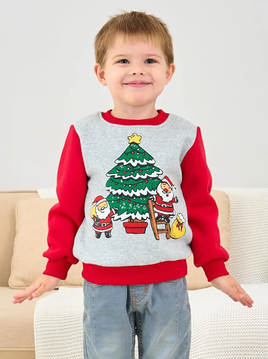 RETSUGO Toddler Boys Christmas Sweatshirts Kids Ugly Sweaters Reindeer Long Sleeve Xmas Fleece Pullover Tops Trucks Shirts