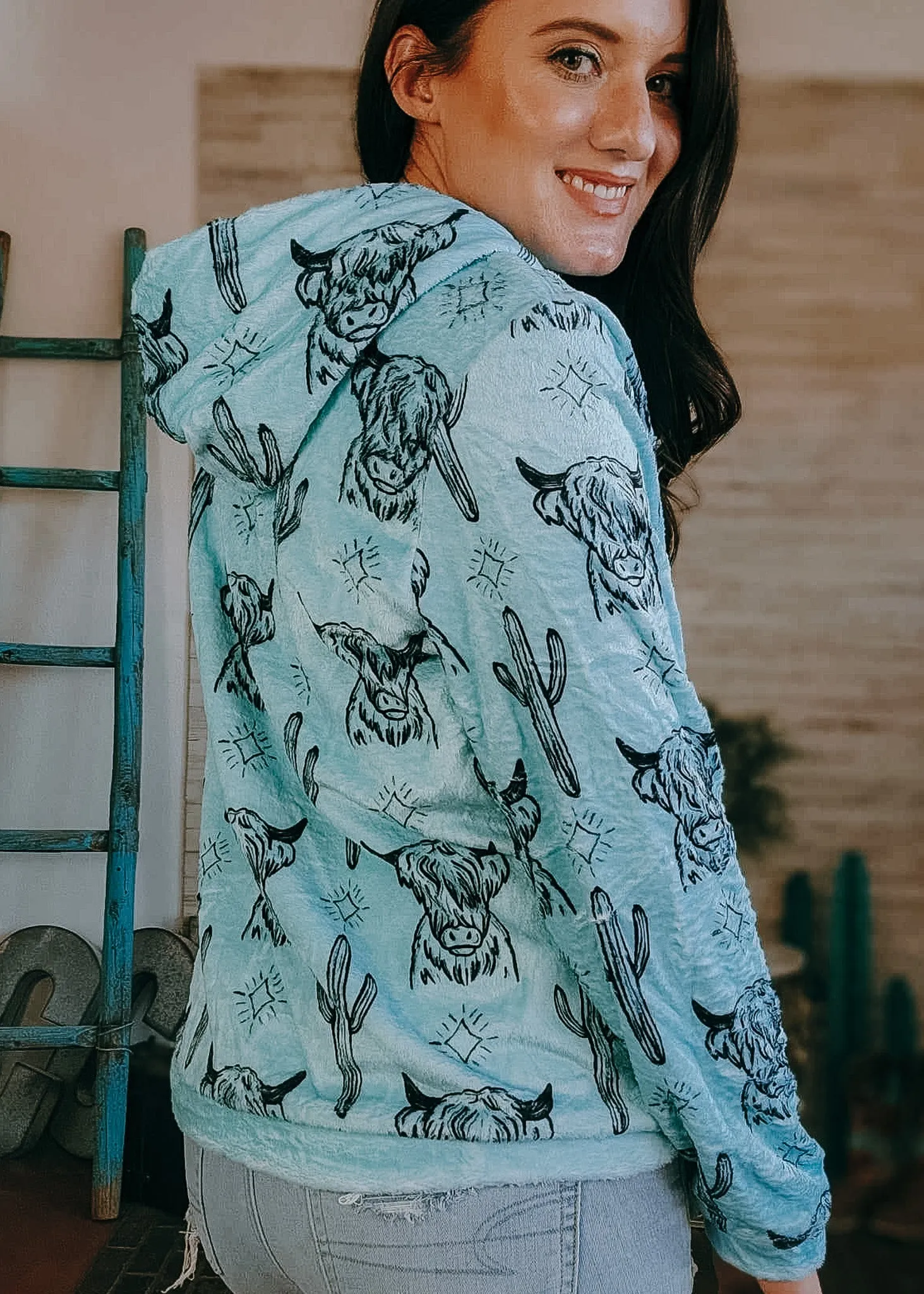 Turquoise Highland Cow Fleece Zip Hoodie