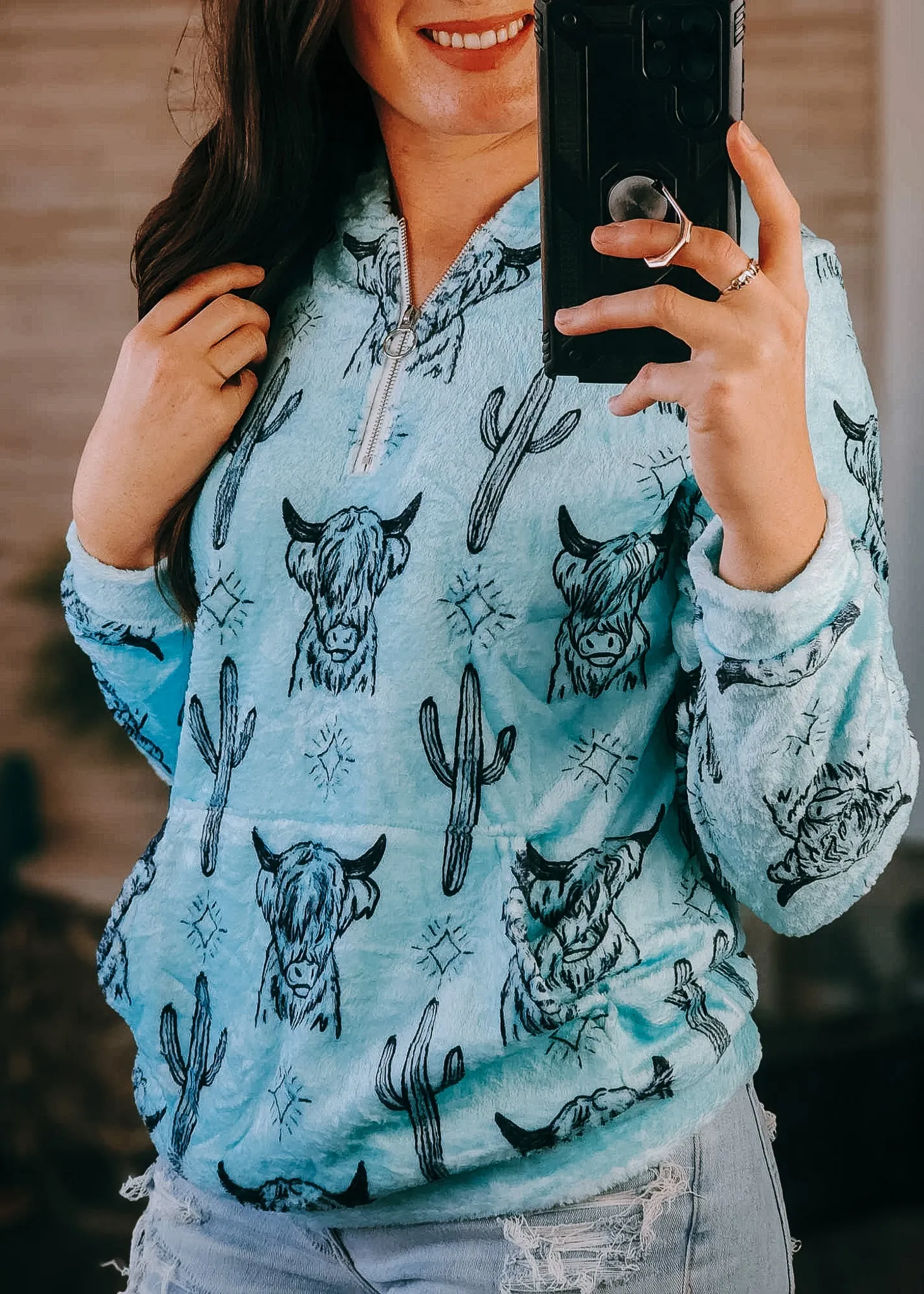 Turquoise Highland Cow Fleece Zip Hoodie