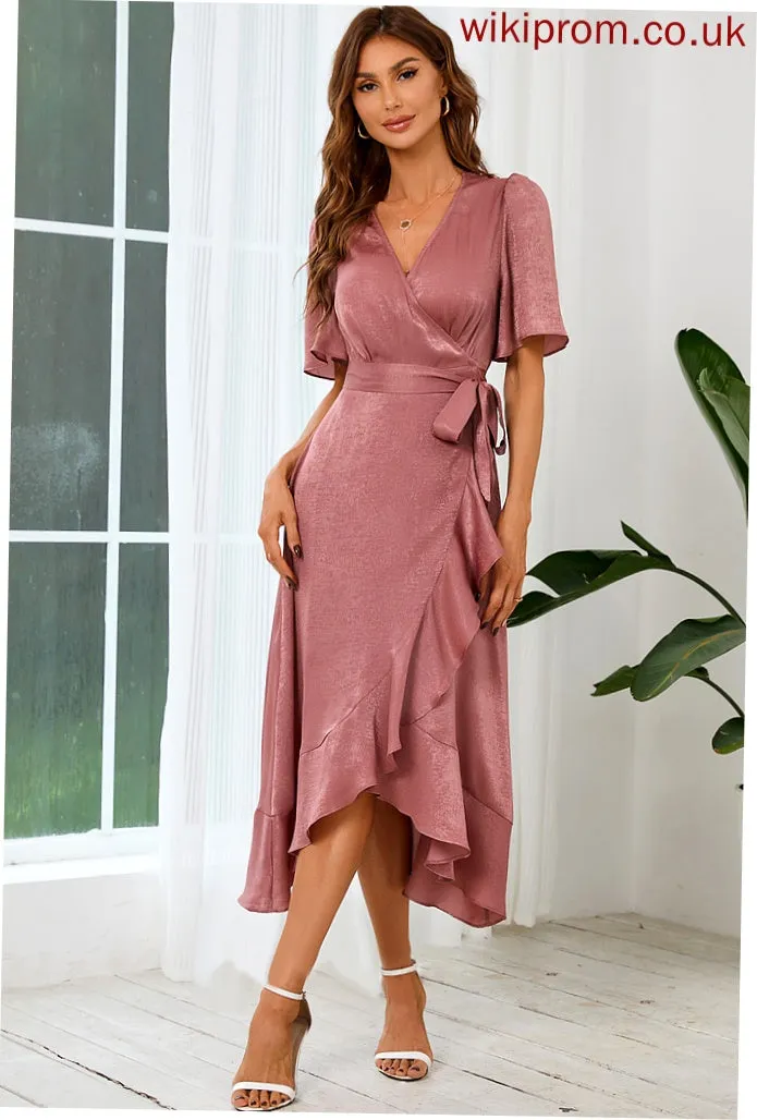 V-Neck Club Dresses Sleeves Satin Asymmetrical Short A-line Elegant Luciana Dresses