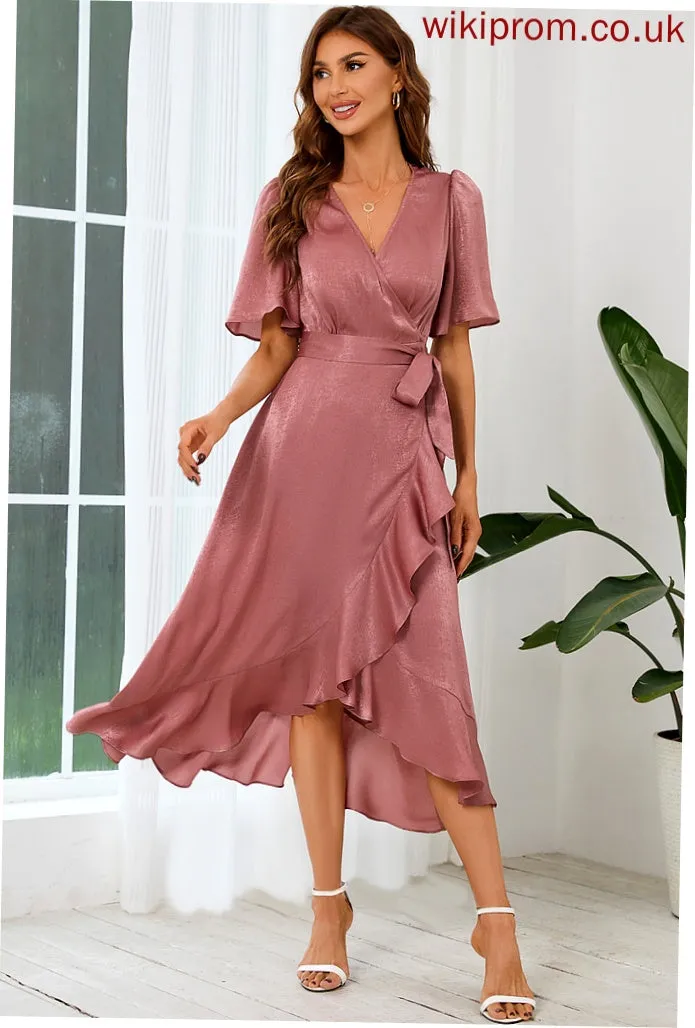 V-Neck Club Dresses Sleeves Satin Asymmetrical Short A-line Elegant Luciana Dresses
