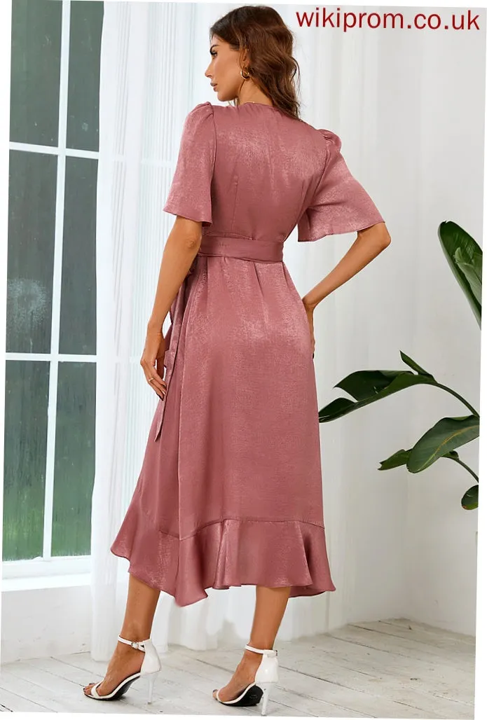 V-Neck Club Dresses Sleeves Satin Asymmetrical Short A-line Elegant Luciana Dresses
