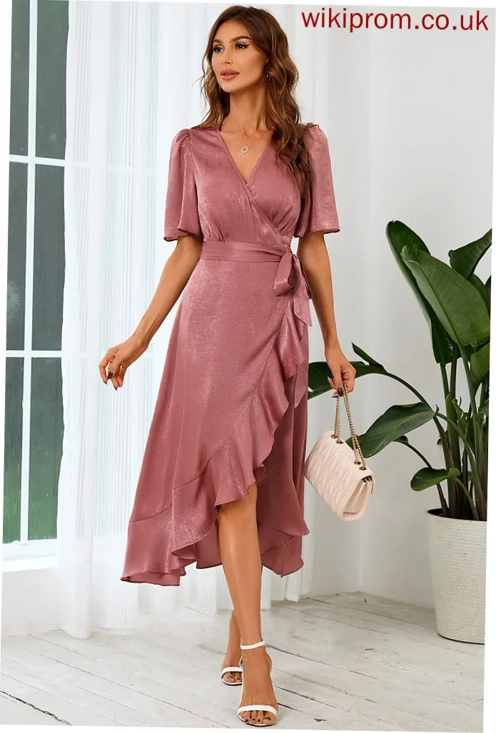 V-Neck Club Dresses Sleeves Satin Asymmetrical Short A-line Elegant Luciana Dresses