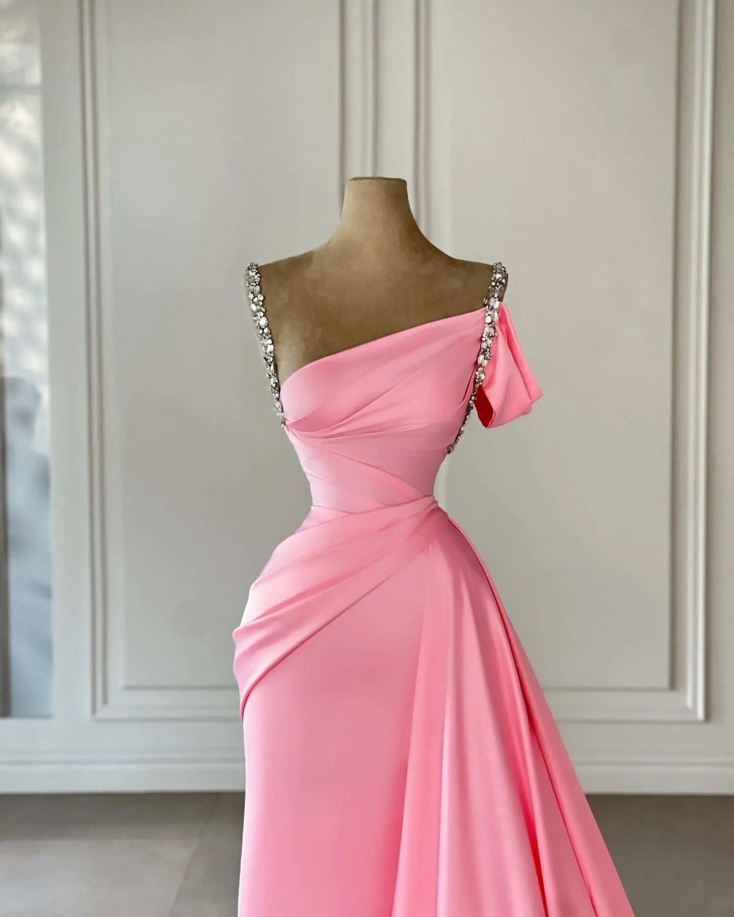 Vintage Column Satin Off-The-Shoulder Sleeveless Pink Prom Dress With Rhinestone