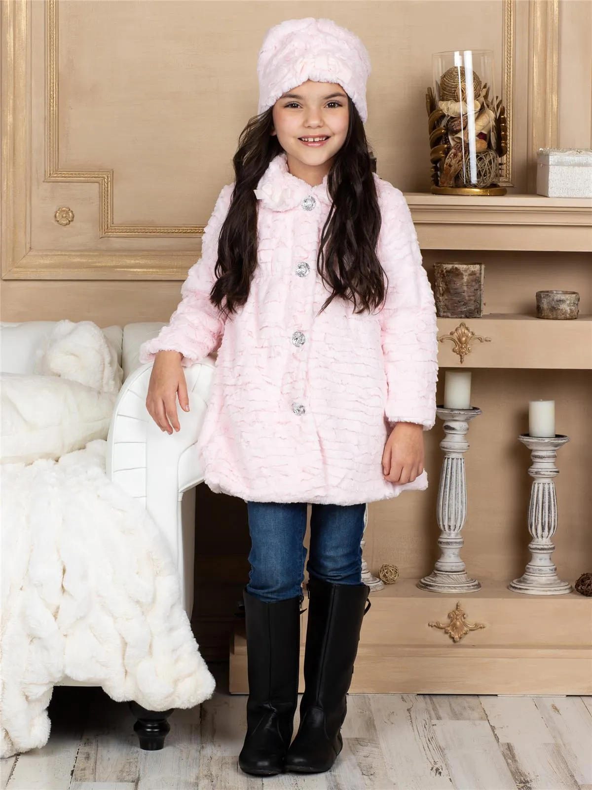 Widgeon Girls Faux Fur Coat with Sparkle Buttons and Hat Set Pink