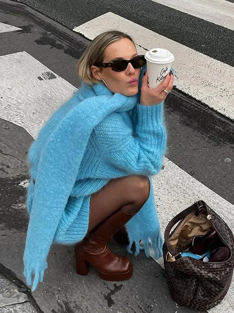 Women Blue Knitted With Scarf Collar Elegant Long Sleeve Loose Sweater