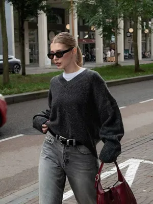 Women Solid V Neck Knitted Loose Pullover Fashion Long Sleeves Thick Sweater