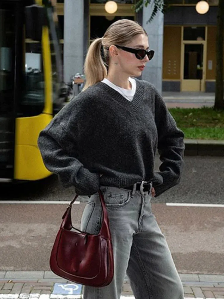 Women Solid V Neck Knitted Loose Pullover Fashion Long Sleeves Thick Sweater