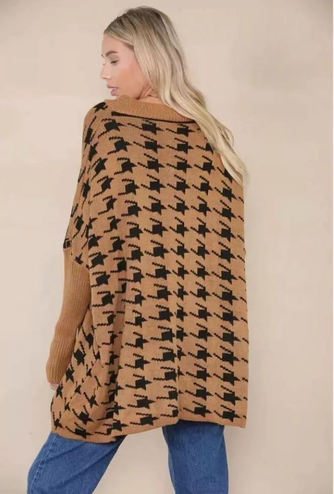 Womens Knitted Oversized Dogtooth Jumper Ladies Tooth Print Sweater Plus Size